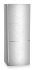 Product image, Perspective: oblique closed, Combined fridge-freezers with EasyFresh and NoFrost, Casing colour: silver, Door colour: Steelfinish