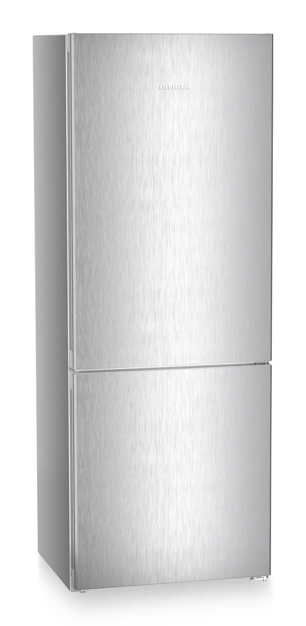 Product image, Perspective: oblique closed, Combined fridge-freezers with EasyFresh and NoFrost, Casing colour: silver, Door colour: Steelfinish