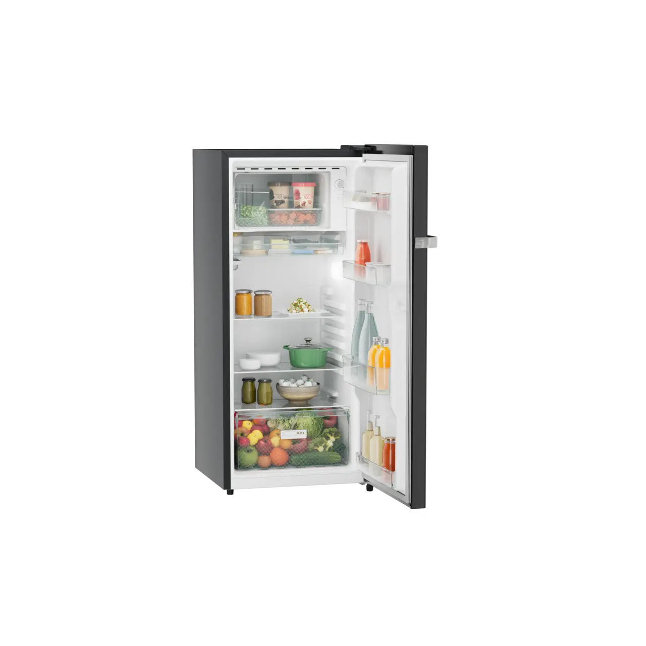 Product image, Perspective: oblique open decorated, Single-door refrigerator 202 l in 3 star and horizontal handle, Casing colour: grey, Door colour: Black Gloss