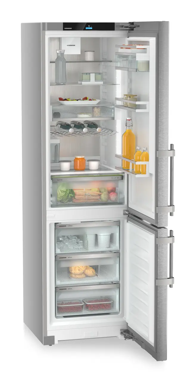 Produktbild, Perspektiv: Vinklad, öppen, fylld, Kyl-frys-kombination med EasyFresh och NoFrost, Färg på dörr: Rostfritt stål