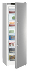 Product image, Perspective: oblique half-open decorated, Freestanding freezer with NoFrost, Casing colour: silver, Door colour: stainless steel