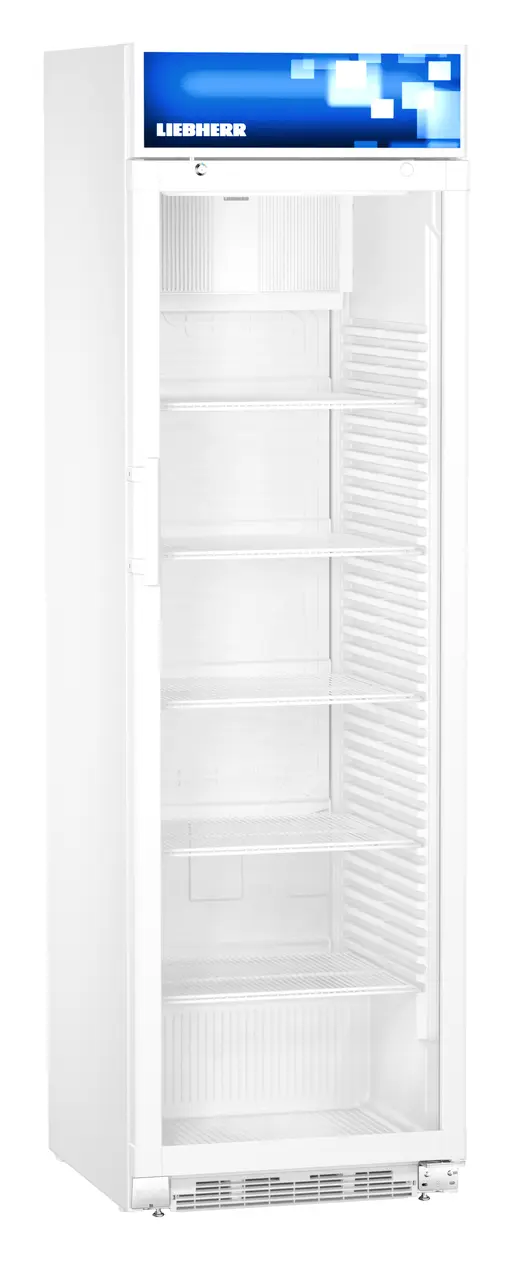 Product image, Perspective: oblique closed empty, Forced-air display refrigerator refrigerators, Casing colour: black, Door colour: white