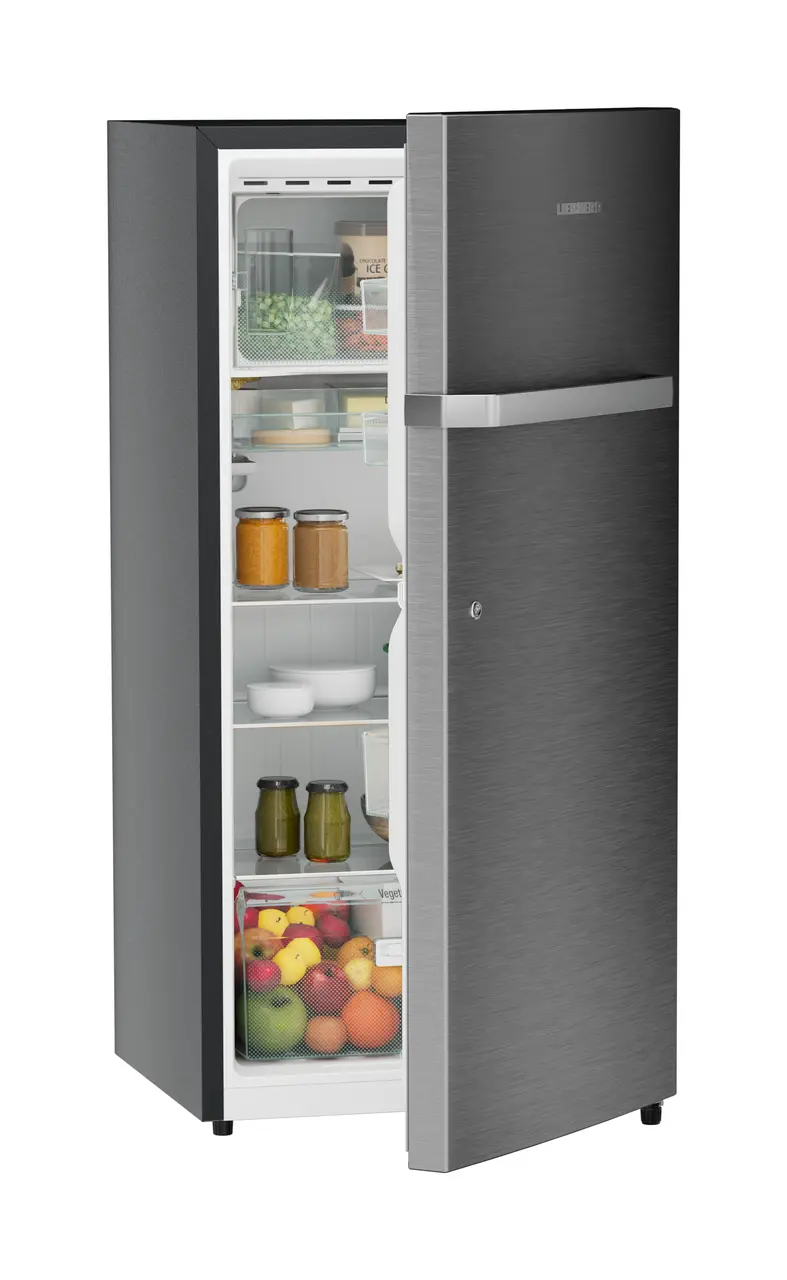Product image, Perspective: oblique half-open decorated, Single-door refrigerator 191 l in 3 star and horizontal handle, Casing colour: grey, Door colour: Silver Steel