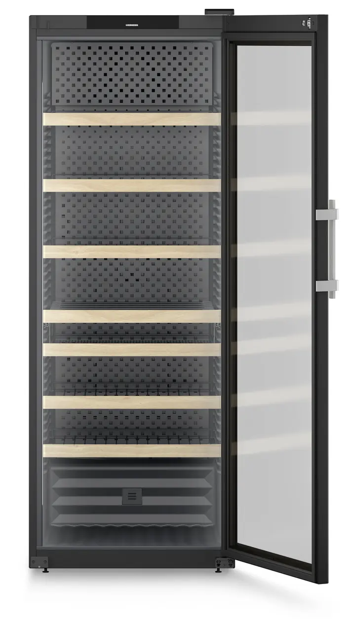 Produkt-Bild, Perspektive: gerade offen leer, Weinschrank Professional, Gehäusefarbe: Schwarz, Türfarbe: Schwarz