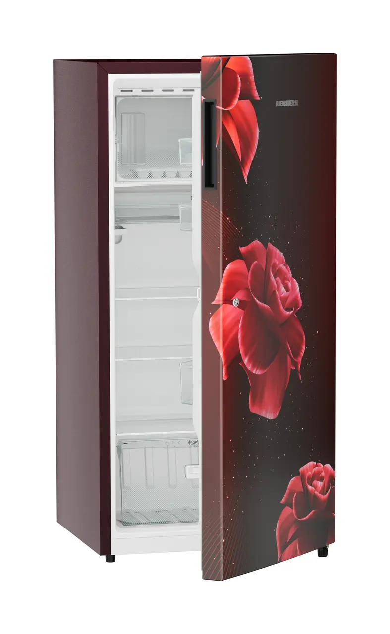 Product image, Perspective: oblique half-open empty, Single-door refrigerator 191 l in 3 star with VegFresh box, Casing colour: red, Door colour: Red Divine