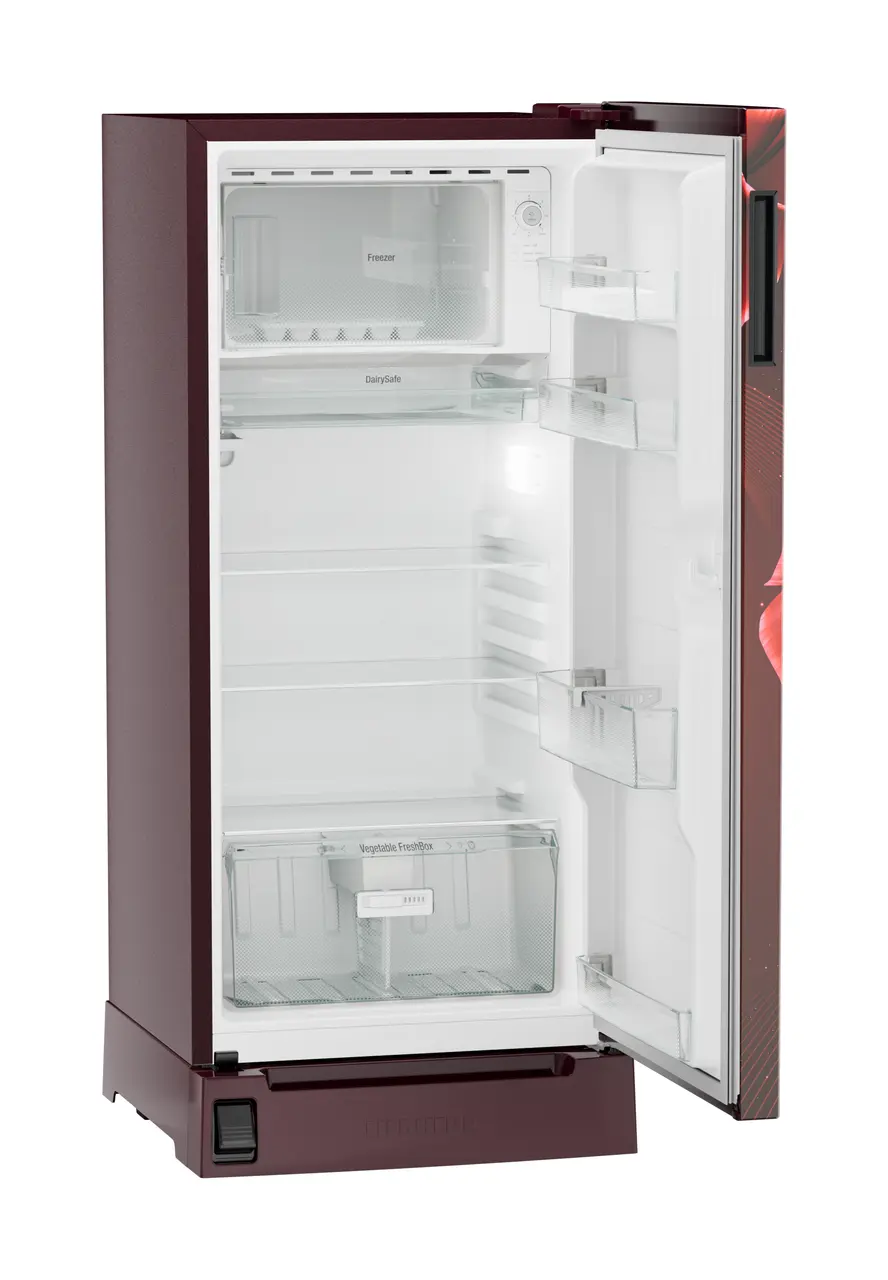 Product image, Perspective: oblique open empty, Single-door refrigerator 191 l in 3 star with foot pedal base drawer, Casing colour: red, Door colour: Red Divine