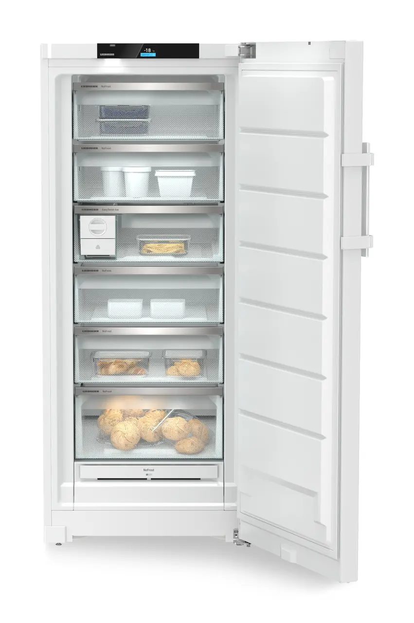Produktbillede, Perspektiv: Lige åben udsmykket, Fritstående fryseskab med NoFrost og EasyTwist-Ice, Kabinetfarve: Hvid, Dørfarve: Hvid