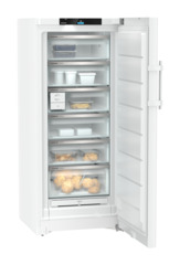 Produktbild, Perspektiv: Vinklad, öppen, fylld, Fristående frys med NoFrost och EasyTwist-Ice, Färg på hölje: Vit, Färg på dörr: Vit