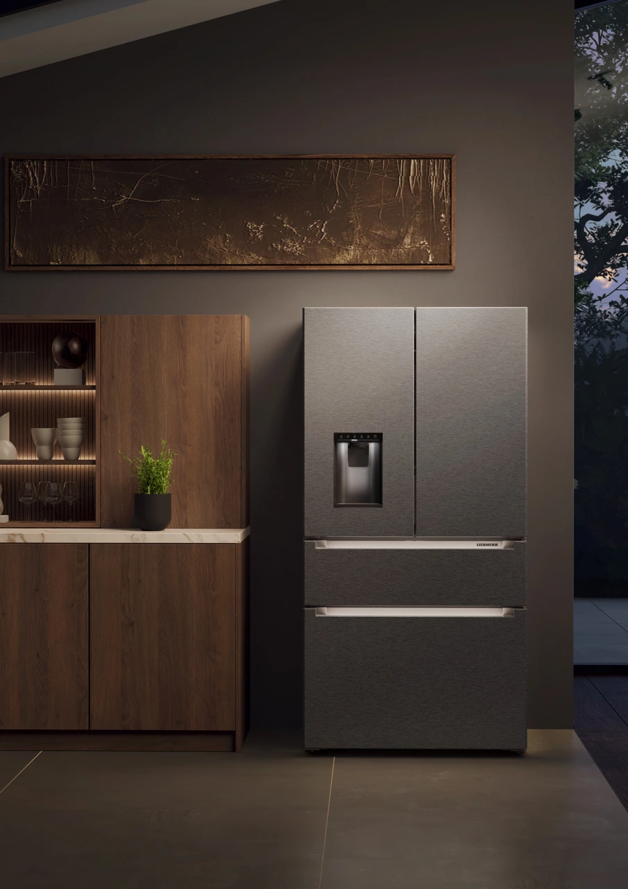 Slika izdelka, Perspektiva: Ambient, Hladilnik z zamrzovalnikom s francoskimi vrati z 2 zamrzovalnima predaloma in razpršilnikom vode in ledenih kock, Barva ohišja: srebrna, Barva vrat: nerjavno jeklo