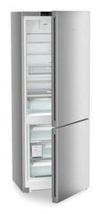 Product image, Perspective: oblique half-open empty, Combined fridge-freezers with EasyFresh and NoFrost, Casing colour: silver, Door colour: Steelfinish