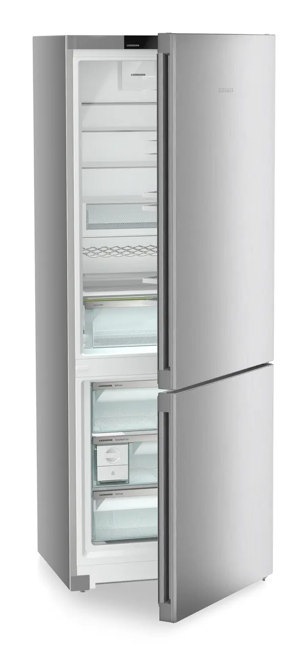 Product image, Perspective: oblique half-open empty, Combined fridge-freezers with EasyFresh and NoFrost, Casing colour: silver, Door colour: Steelfinish