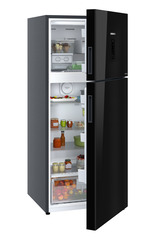 Product image, Perspective: oblique half-open decorated, Fridge-freezer with NoFrost, Casing colour: grey, Door colour: Black Gloss