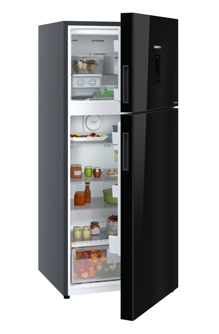 Product image, Perspective: oblique half-open decorated, Fridge-freezer with NoFrost, Casing colour: grey, Door colour: Black Gloss