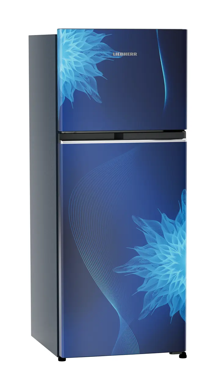 Product image, Perspective: oblique closed, Fridge-freezer with NoFrost, Casing colour: blue, Door colour: Blue Mystiq