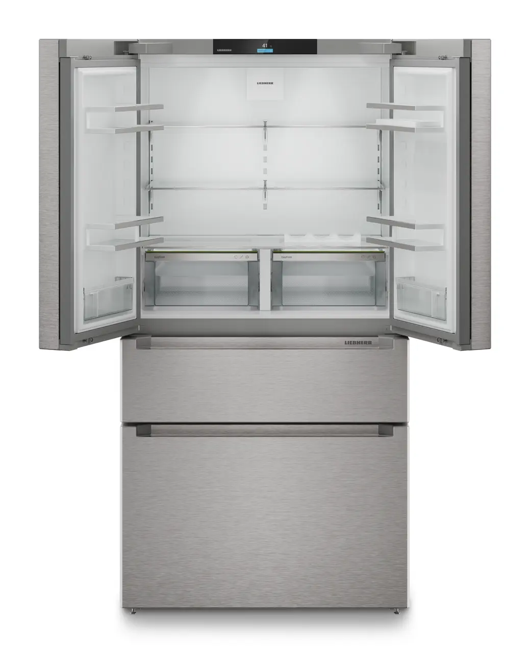 Product image, Perspective: straight open empty, French Door fridge-freezer with 2 freezer drawers with IceMaker, Casing colour: silver, Door colour: stainless steel