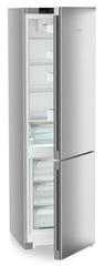 Product image, Perspective: oblique half-open empty, Combined fridge-freezers with EasyFresh and NoFrost, Casing colour: silver, Door colour: Steelfinish