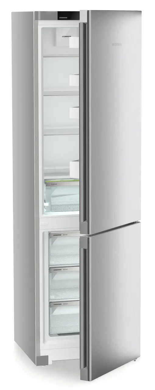 Product image, Perspective: oblique half-open empty, Combined fridge-freezers with EasyFresh and NoFrost, Casing colour: silver, Door colour: Steelfinish
