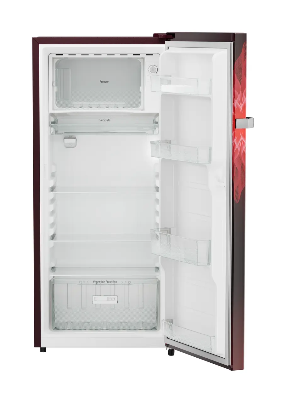 Product image, Perspective: straight open empty, Single-door refrigerator 202 l in 5 star with inverter compressor, Casing colour: red, Door colour: Red Mystiq