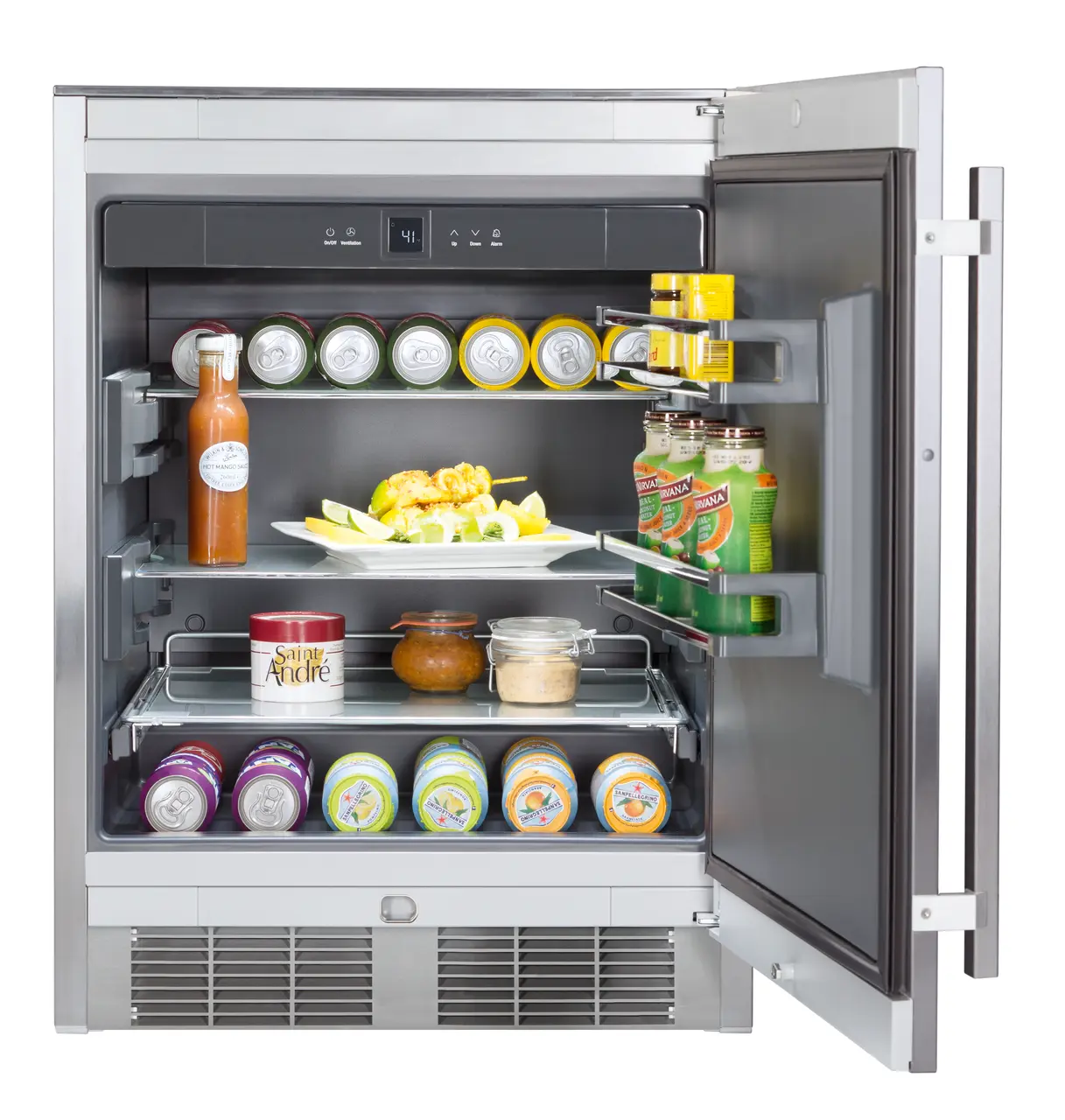 Product image, Perspective: straight open decorated, Outdoor fridge, Casing colour: grey, Door colour: stainless steel