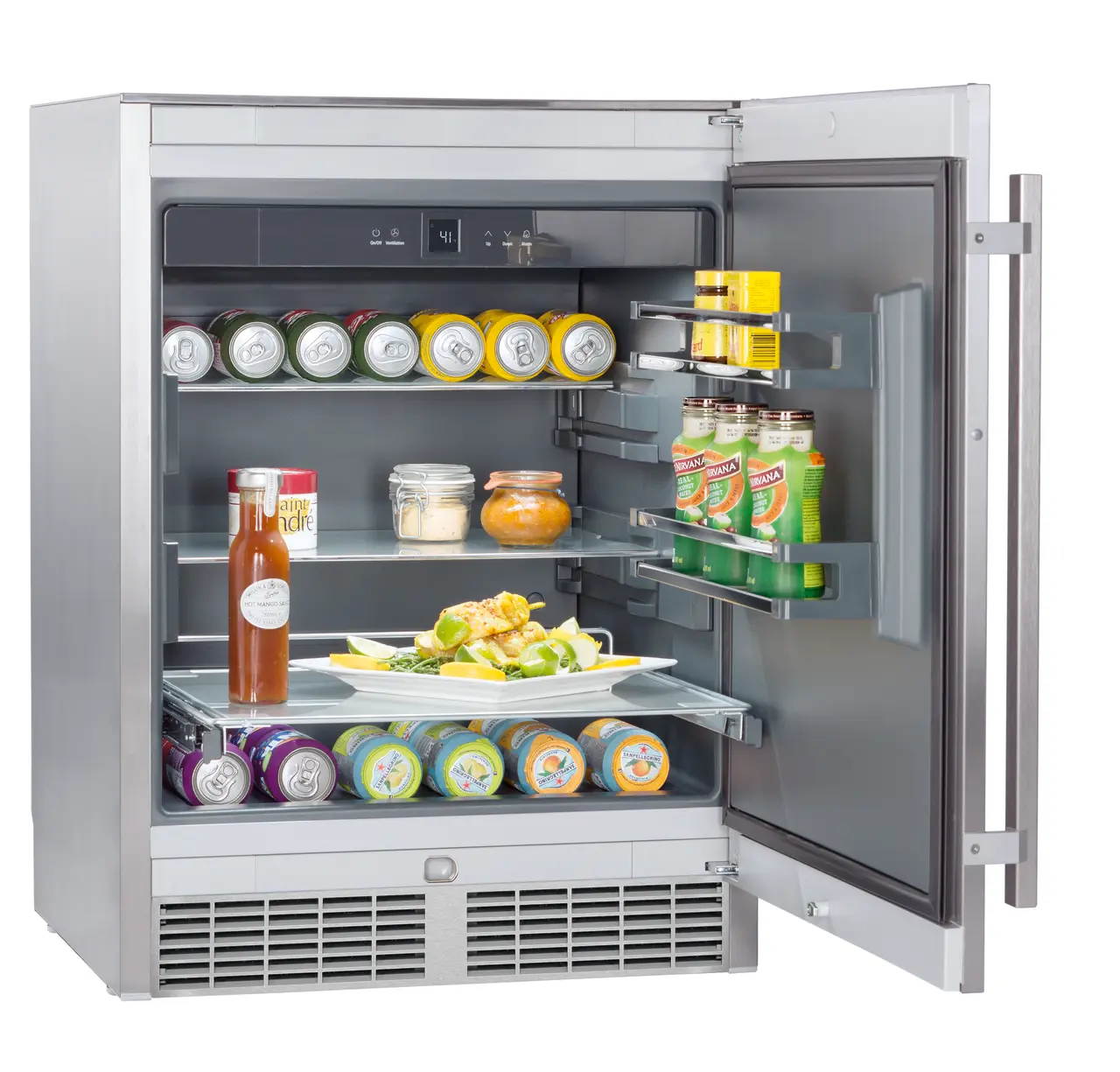 Product image, Perspective: special form, Outdoor fridge, Casing colour: grey, Door colour: stainless steel