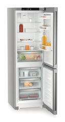 Product image, Perspective: oblique open decorated, Combined fridge-freezers with EasyFresh and NoFrost, Casing colour: silver, Door colour: Steelfinish