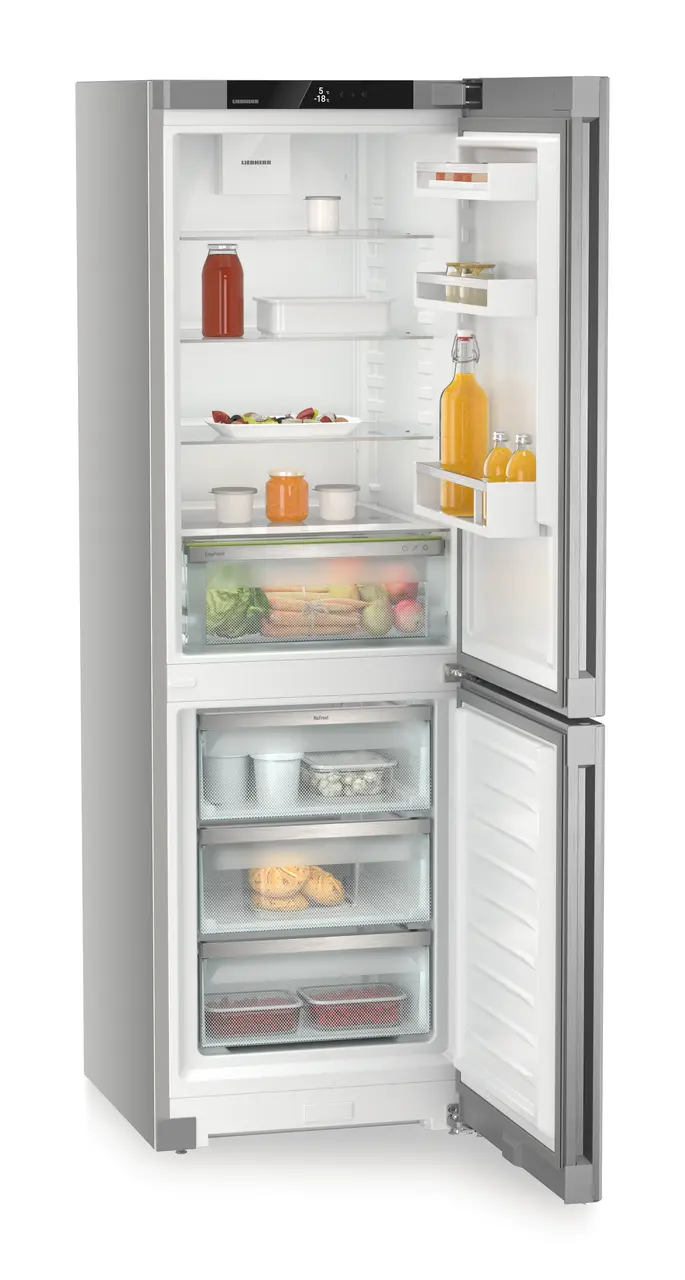 Product image, Perspective: oblique open decorated, Combined fridge-freezers with EasyFresh and NoFrost, Casing colour: silver, Door colour: Steelfinish