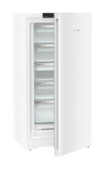 Produkt-Bild, Perspektive: schräg halb offen leer, Standgefrierschrank mit NoFrost, Gehäusefarbe: Weiß, Türfarbe: Weiß