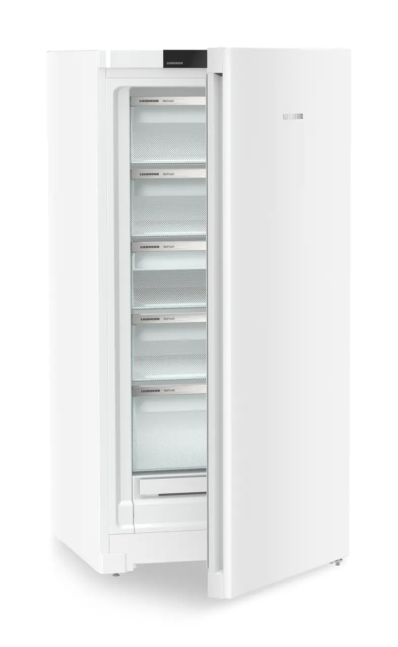 Produkt-Bild, Perspektive: schräg halb offen leer, Standgefrierschrank mit NoFrost, Gehäusefarbe: Weiß, Türfarbe: Weiß