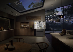 Slika izdelka, Perspektiva: Ambient, Hladilnik z zamrzovalnikom s francoskimi vrati z 2 zamrzovalnima predaloma in razpršilnikom vode in ledenih kock, Barva ohišja: srebrna, Barva vrat: nerjavno jeklo