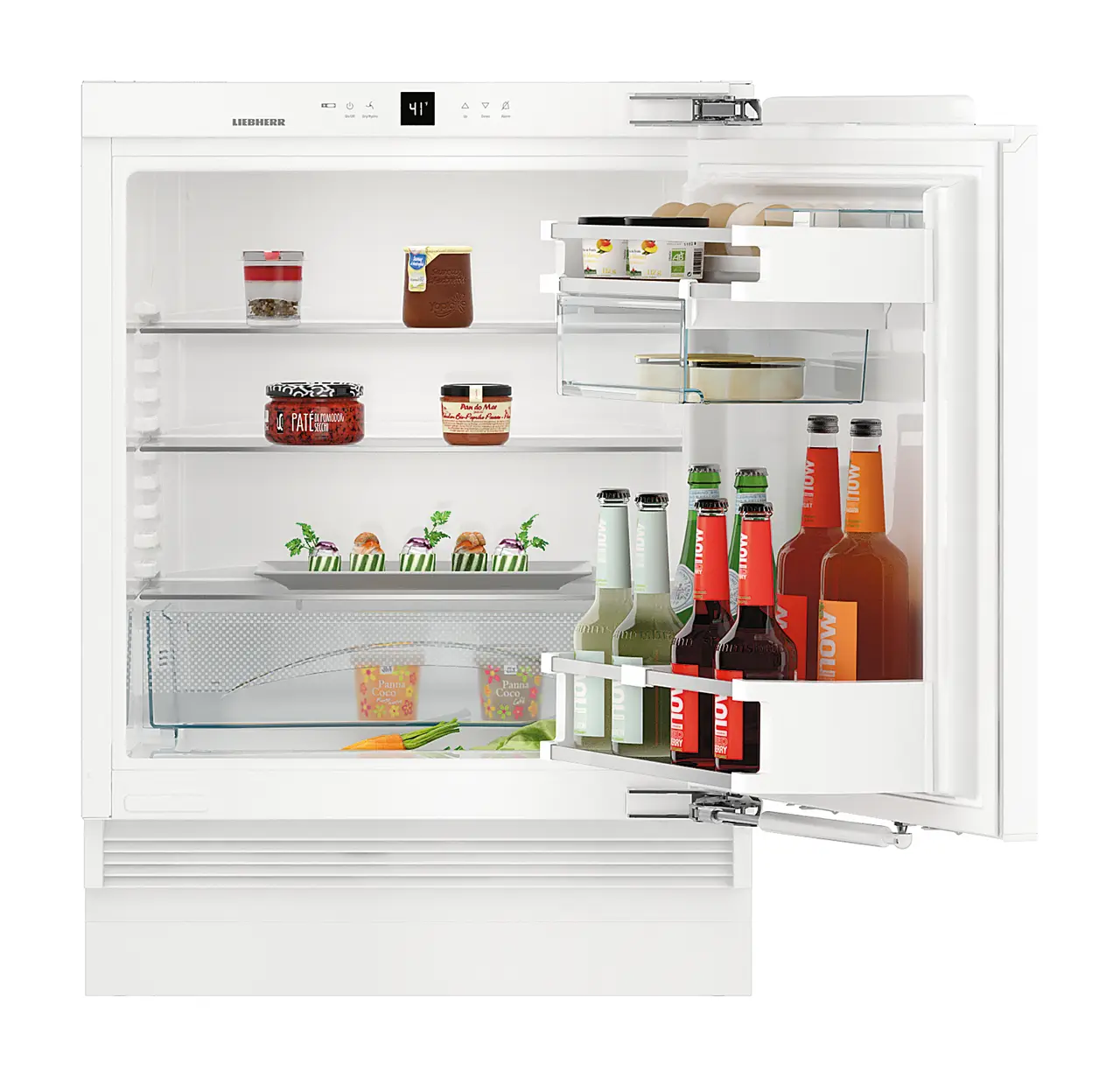Product image, Perspective: straight open decorated, Under-worktop refrigerator for integrated use