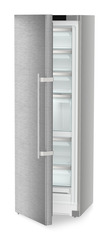 Product image, Perspective: oblique half-open empty, Freestanding freezer with NoFrost and IceTower, Casing colour: silver, Door colour: stainless steel
