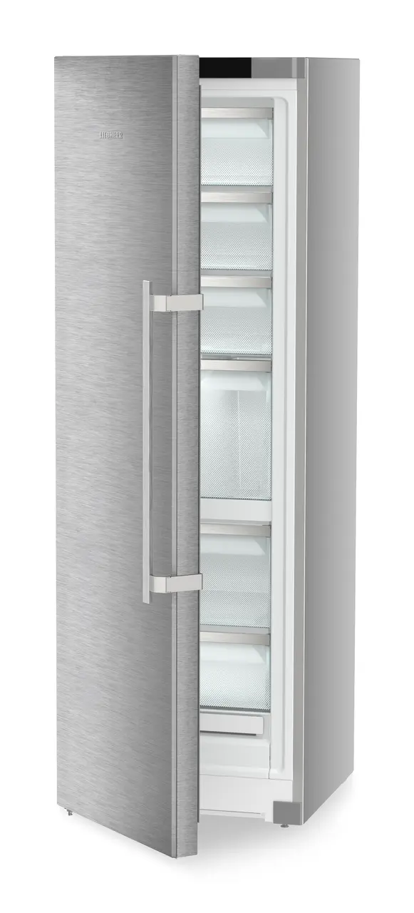 Product image, Perspective: oblique half-open empty, Freestanding freezer with NoFrost and IceTower, Casing colour: silver, Door colour: stainless steel