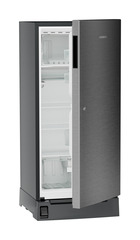 Product image, Perspective: oblique half-open empty, Single-door refrigerator 191 l in 3 star with foot pedal base drawer, Casing colour: grey, Door colour: Silver Steel
