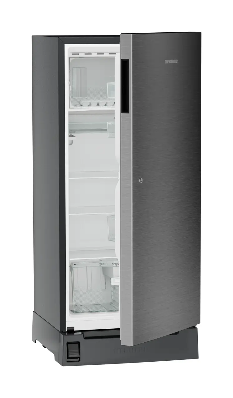 Product image, Perspective: oblique half-open empty, Single-door refrigerator 191 l in 3 star with foot pedal base drawer, Casing colour: grey, Door colour: Silver Steel