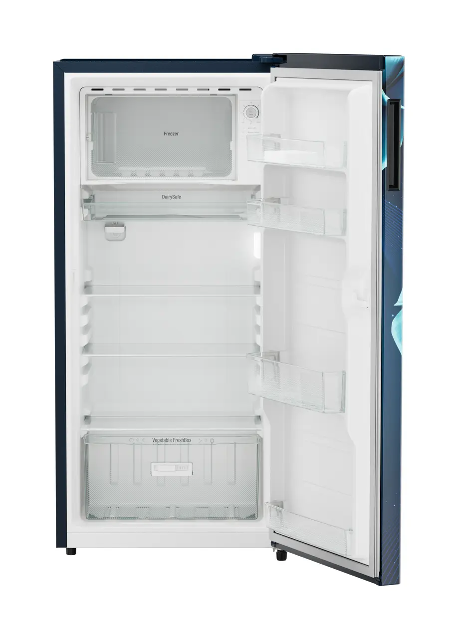 Product image, Perspective: straight open empty, Single-door refrigerator 191 l in 3 star with VegFresh box, Casing colour: blue, Door colour: Blue Divine