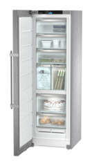 Product image, Perspective: oblique open decorated, Freestanding freezer with NoFrost and IceTower, Casing colour: stainless steel, Door colour: stainless steel