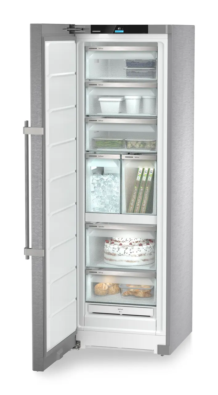 Product image, Perspective: oblique open decorated, Freestanding freezer with NoFrost and IceTower, Casing colour: stainless steel, Door colour: stainless steel