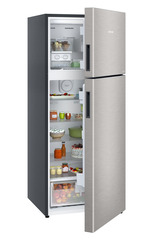 Product image, Perspective: oblique half-open decorated, Fridge-freezer with NoFrost, Casing colour: grey, Door colour: Stainless Steel