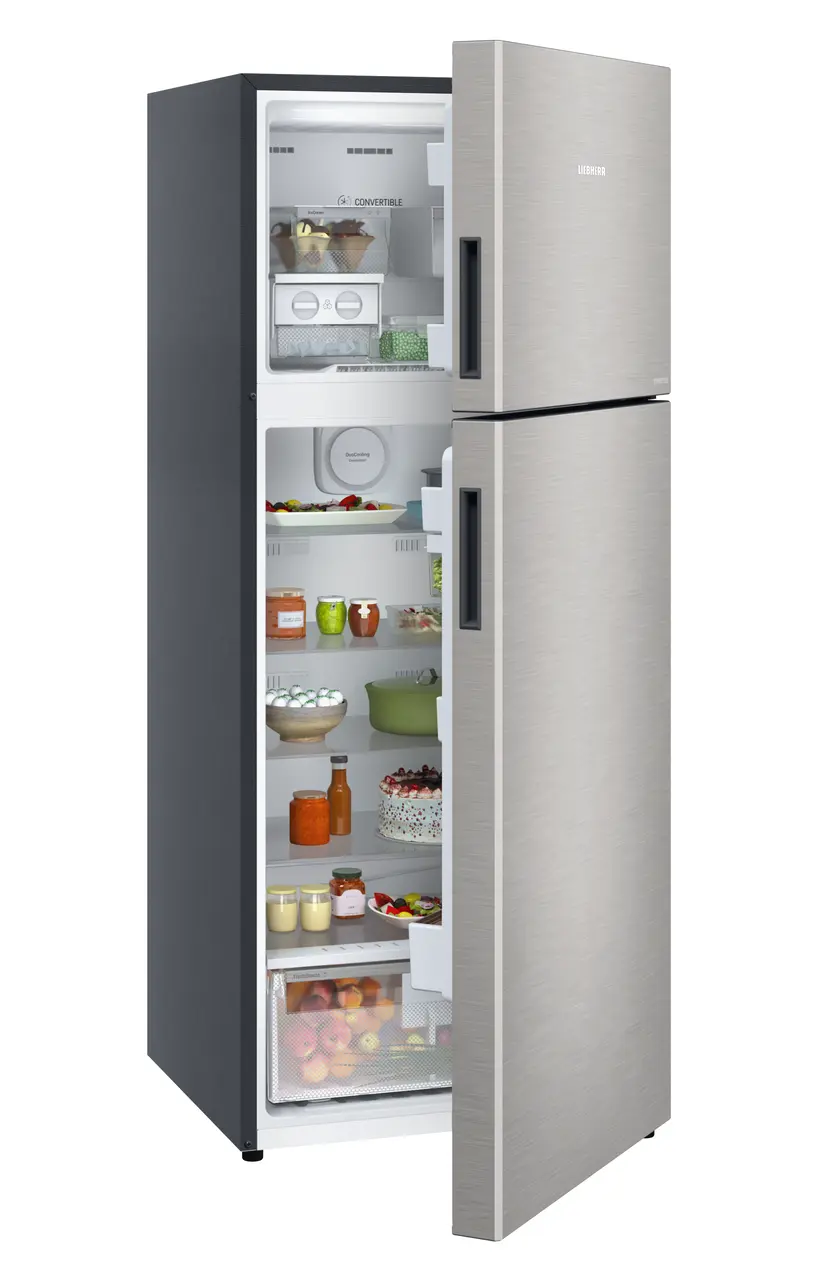Product image, Perspective: oblique half-open decorated, Fridge-freezer with NoFrost, Casing colour: grey, Door colour: Stainless Steel