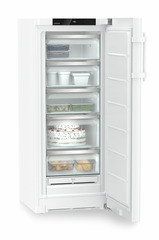 Product image, Perspective: oblique open decorated, Freestanding freezer with NoFrost, Casing colour: white, Door colour: white