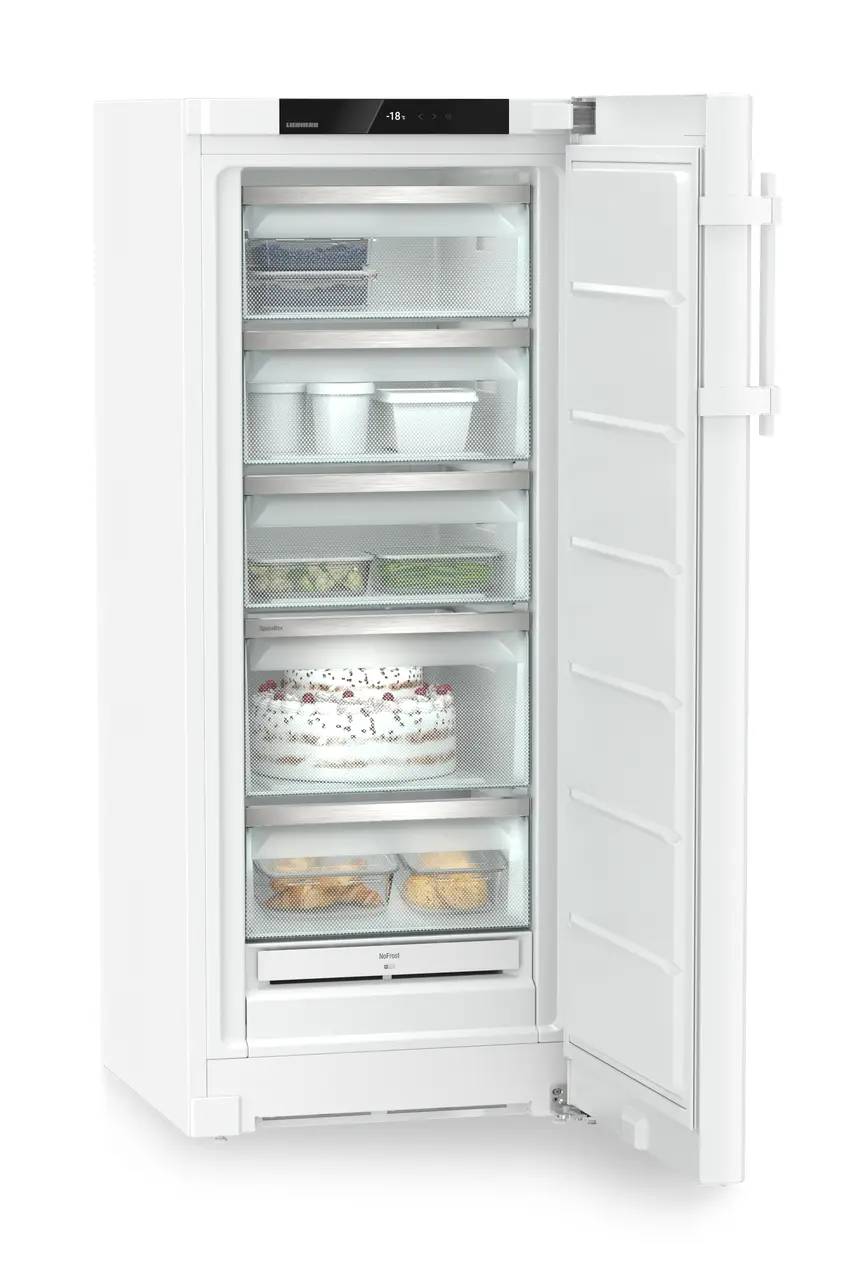 Product image, Perspective: oblique open decorated, Freestanding freezer with NoFrost, Casing colour: white, Door colour: white