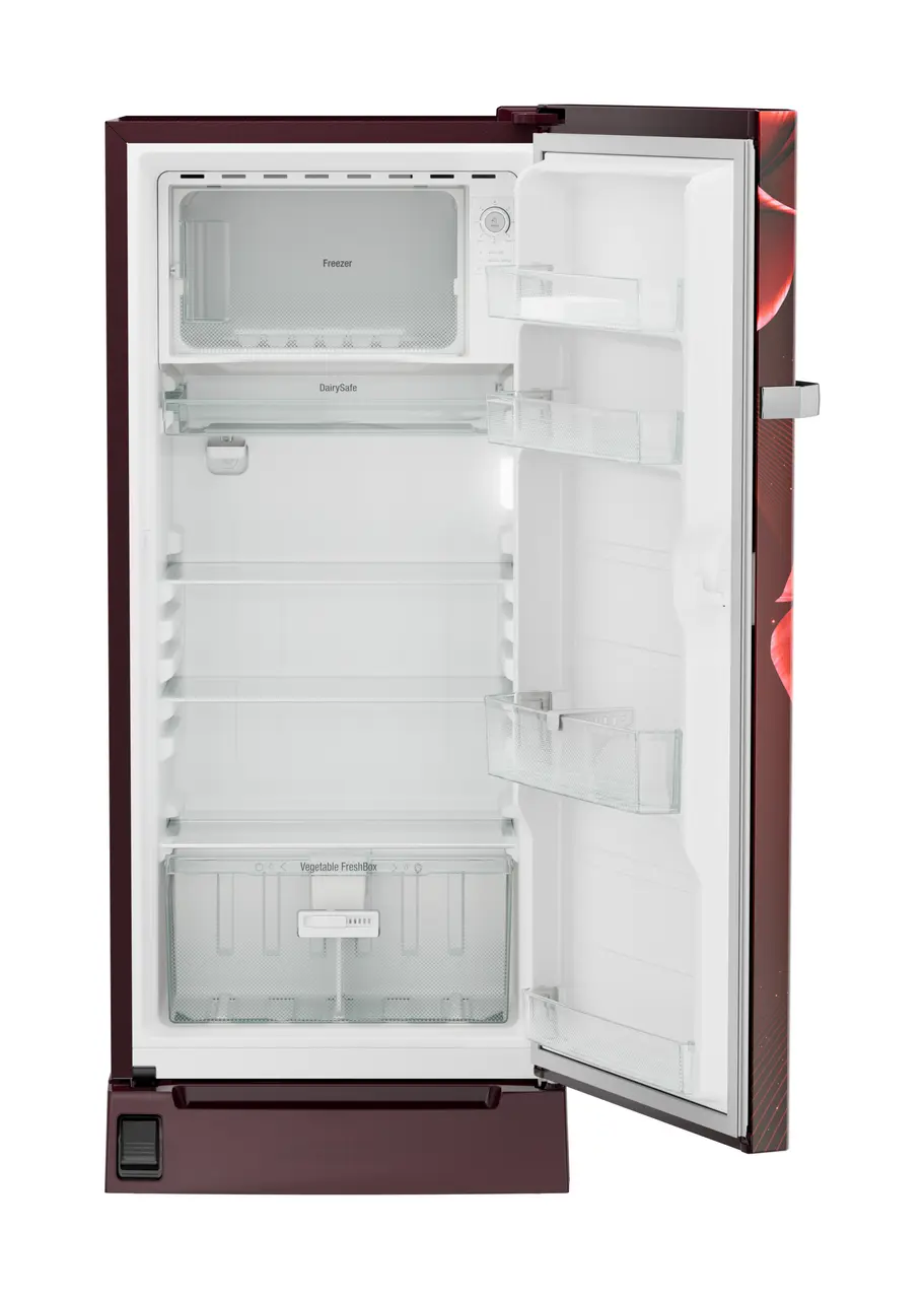 Product image, Perspective: straight open empty, Single-door refrigerator 191 l in 5 star with inverter compressor, Casing colour: red, Door colour: Red Divine