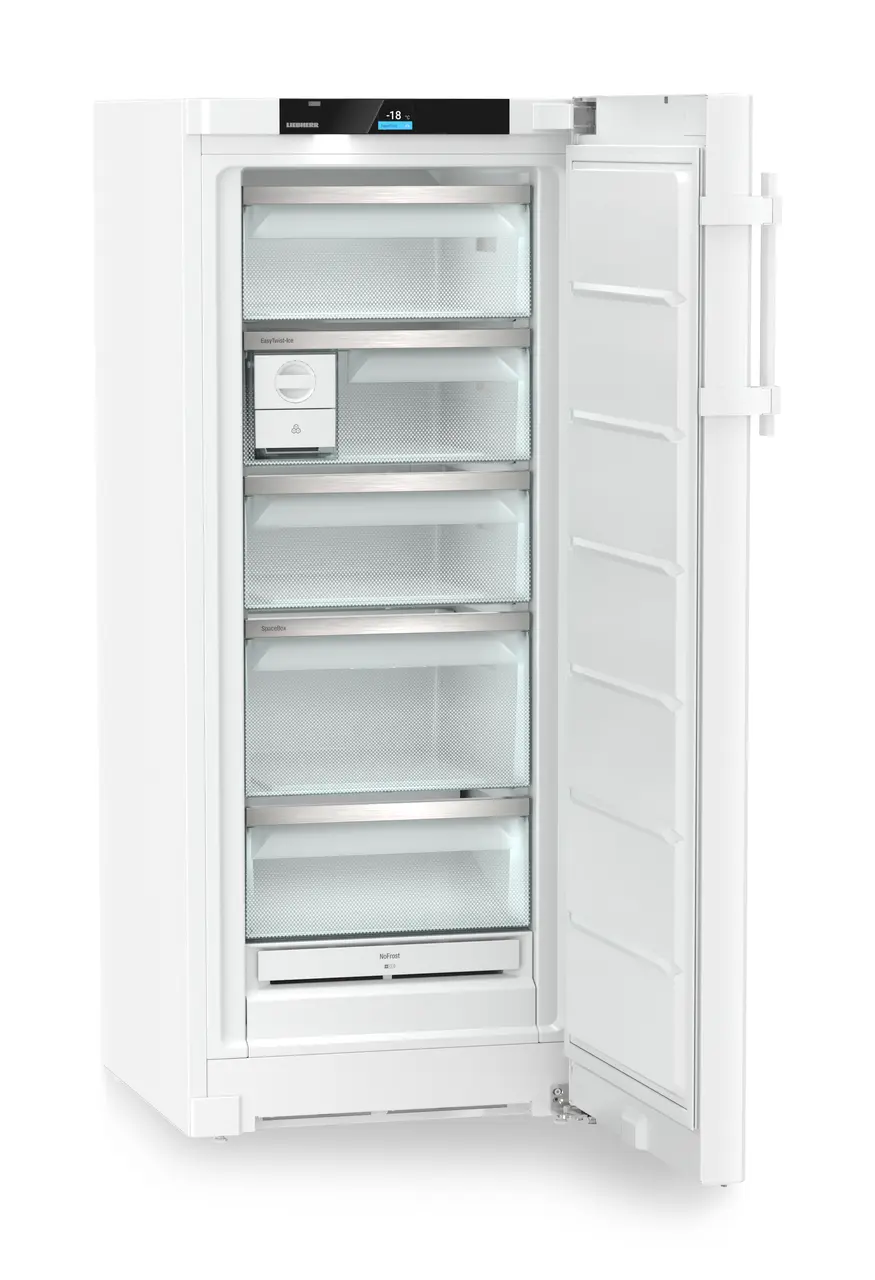 Product image, Perspective: oblique open empty, Freestanding freezer with NoFrost and EasyTwist-Ice, Casing colour: white, Door colour: white