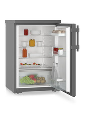 Product image, Perspective: oblique open decorated, Table top refrigerator, Casing colour: DarkGrey, Door colour: DarkGrey