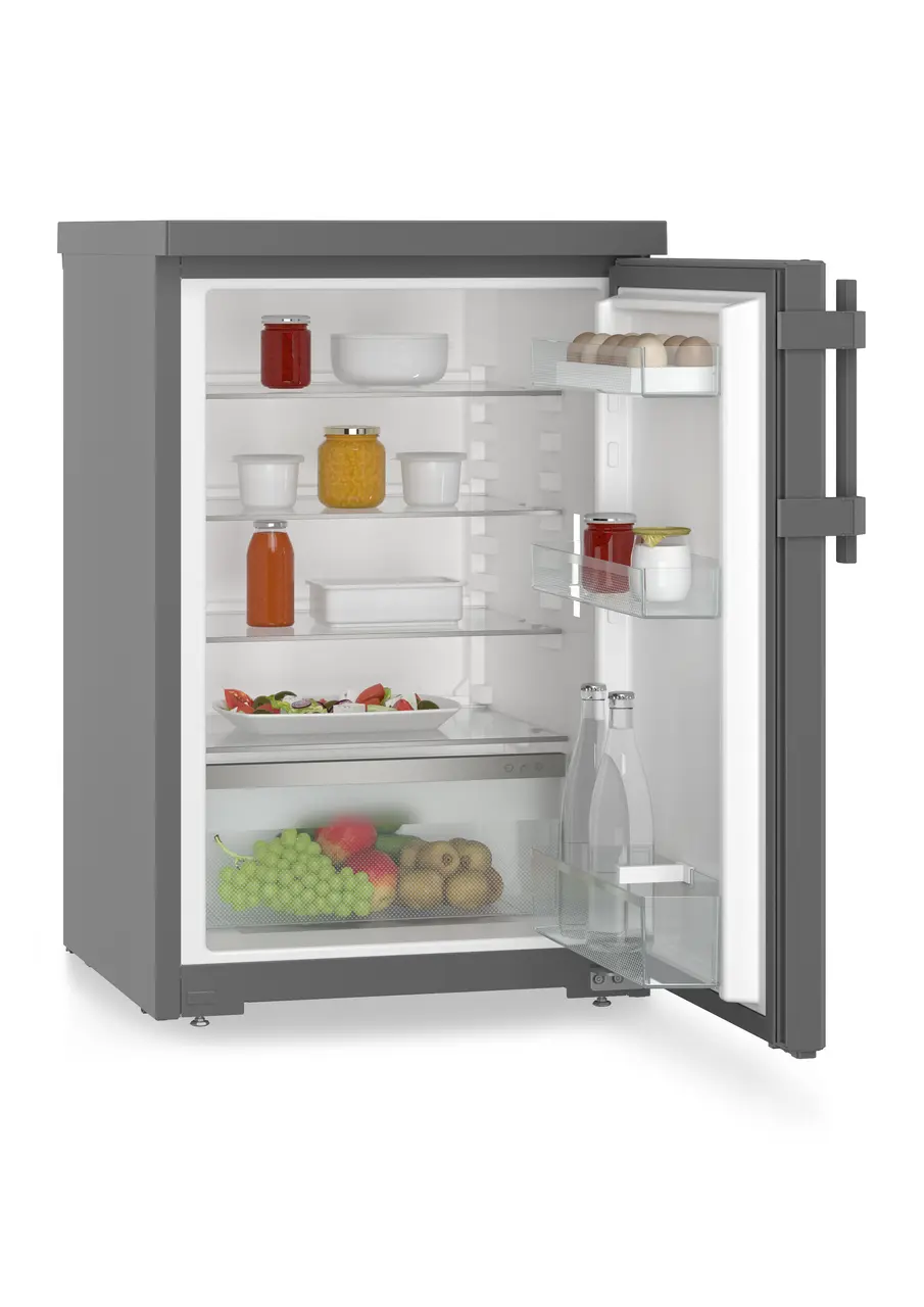 Product image, Perspective: oblique open decorated, Table top refrigerator, Casing colour: DarkGrey, Door colour: DarkGrey