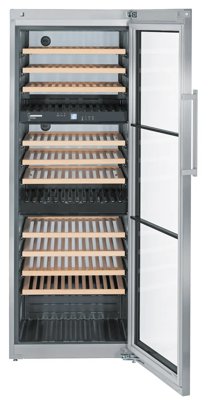 Product image, Perspective: straight open empty, Multi-temperature wine cabinet, Casing colour: stainless steel, Door colour: stainless steel