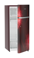 Product image, Perspective: oblique half-open empty, Single-door refrigerator 202 l in 5 star with inverter compressor, Casing colour: red, Door colour: Red Mystiq