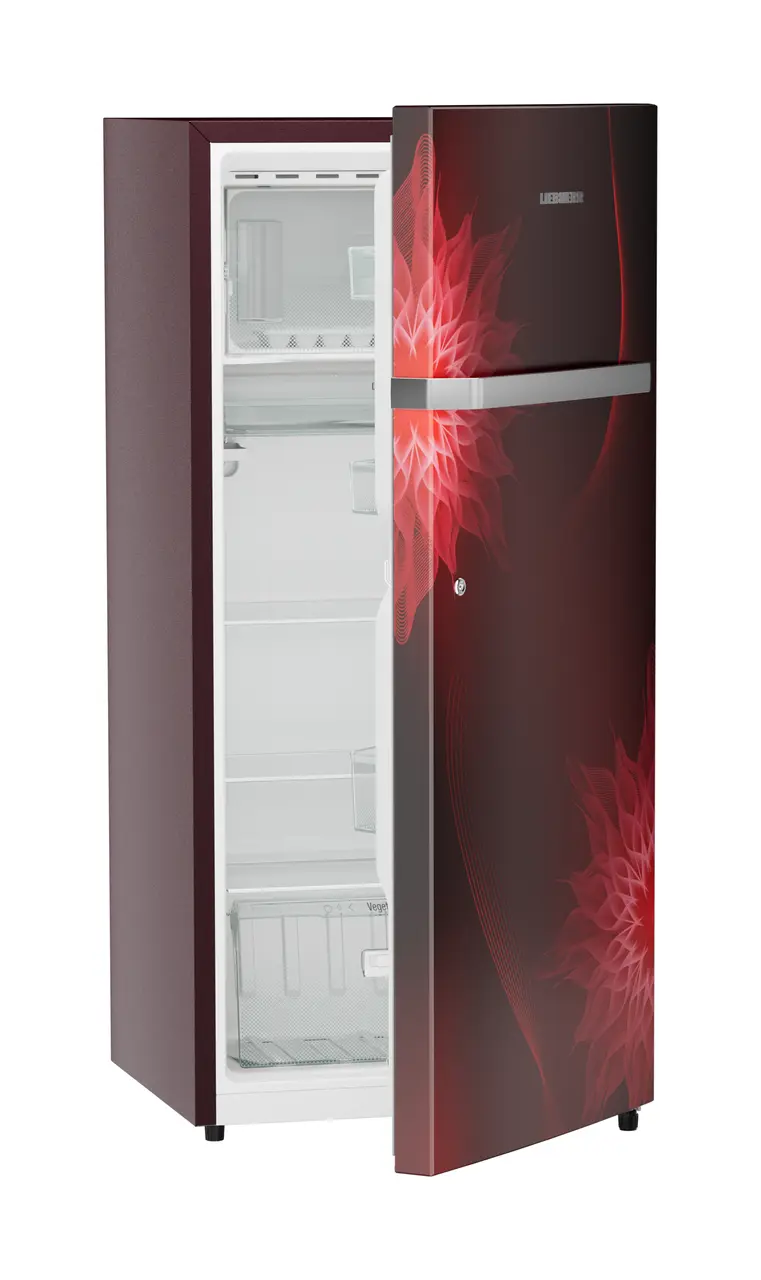 Product image, Perspective: oblique half-open empty, Single-door refrigerator 202 l in 5 star with inverter compressor, Casing colour: red, Door colour: Red Mystiq