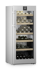 Изображение на продукта, Перспектива: Странично, затворен, отворен с продукти, Мултитемпературен охладител за вино, Цвят на корпуса: фино сребро, Цвят на вратата: благородна стомана