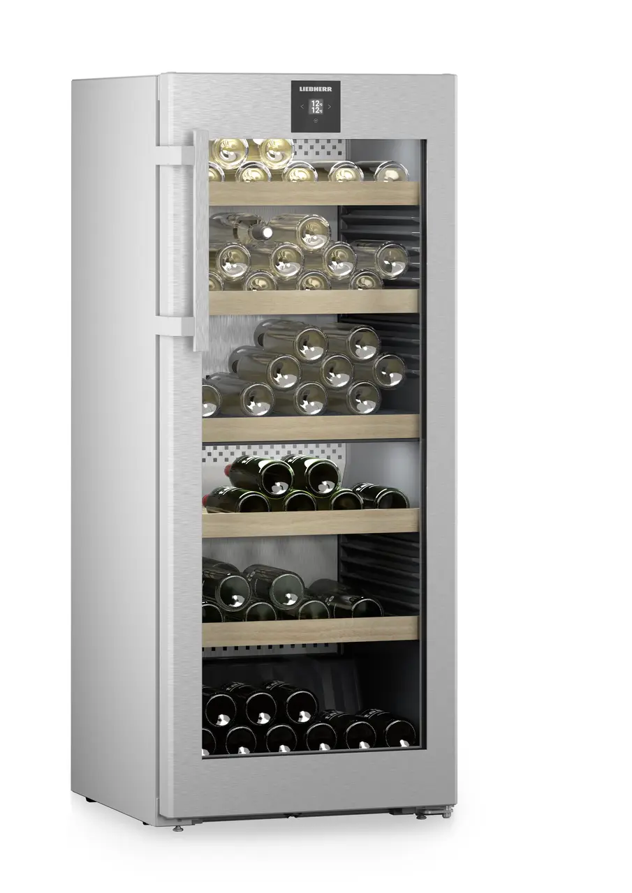 Изображение на продукта, Перспектива: Странично, затворен, отворен с продукти, Мултитемпературен охладител за вино, Цвят на корпуса: фино сребро, Цвят на вратата: благородна стомана